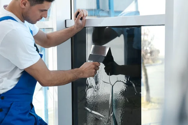 Usta cam kapıya folyoyu spatula ile sıyırarak uyguluyor